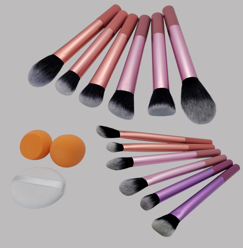 مجموعة فرش مكياج أساسية خالية من العيوب 12 وإسفنجة 2 وبودرة منتفخة، لكريم الأساس كونتور بلوش هايلايت بليندينج بودرة سائلة لمستحضرات التجميل - فرش عالية الجودة. (الذهب الوردي والوردي) - Image 1